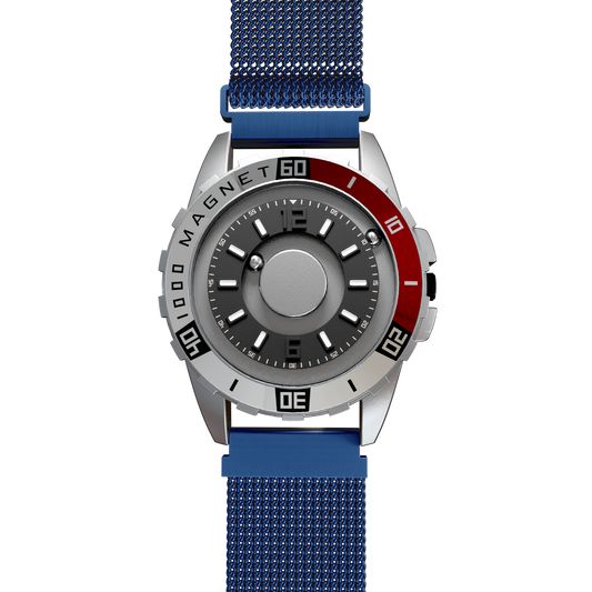    Magneto-Watch-Uranus-Red-Maschenarmband-Blau-Front