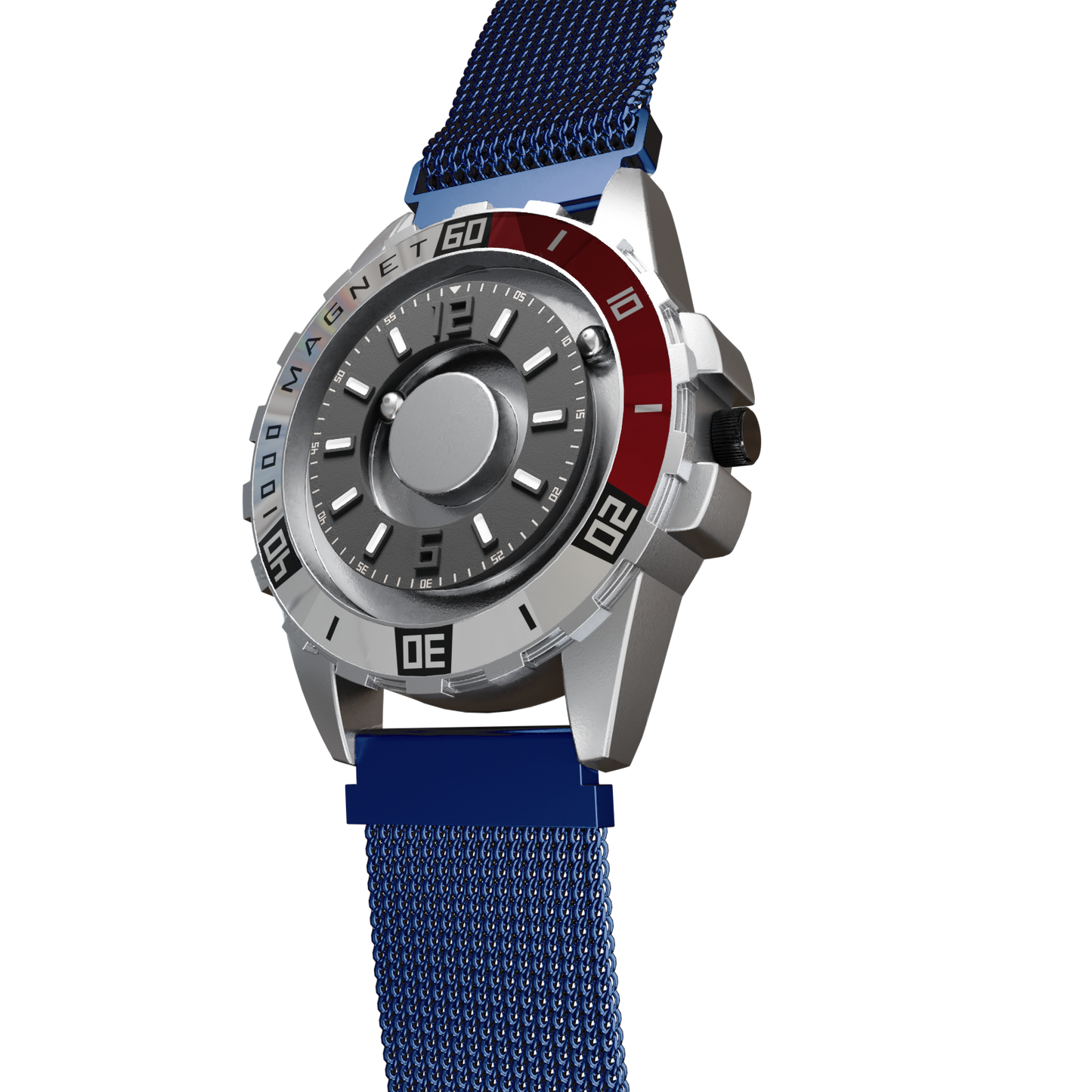 Magneto-Watch-Uranus-Red-Maschenarmband-Blau-Side