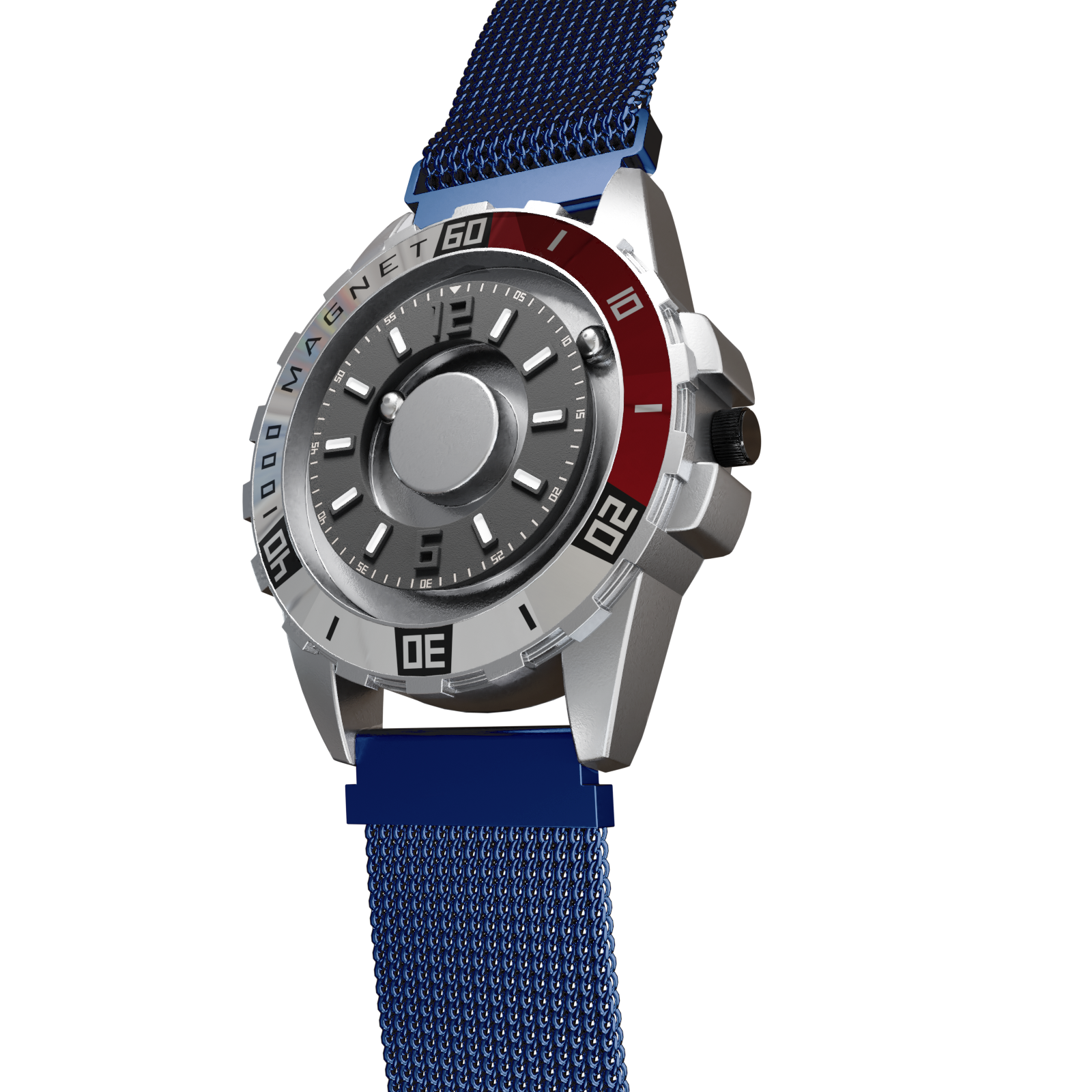 Magneto-Watch-Uranus-Red-Maschenarmband-Blau-Side