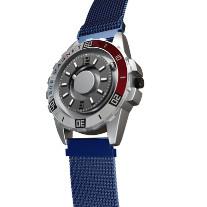 Magneto-Watch-Uranus-Red-Maschenarmband-Blau-Side
