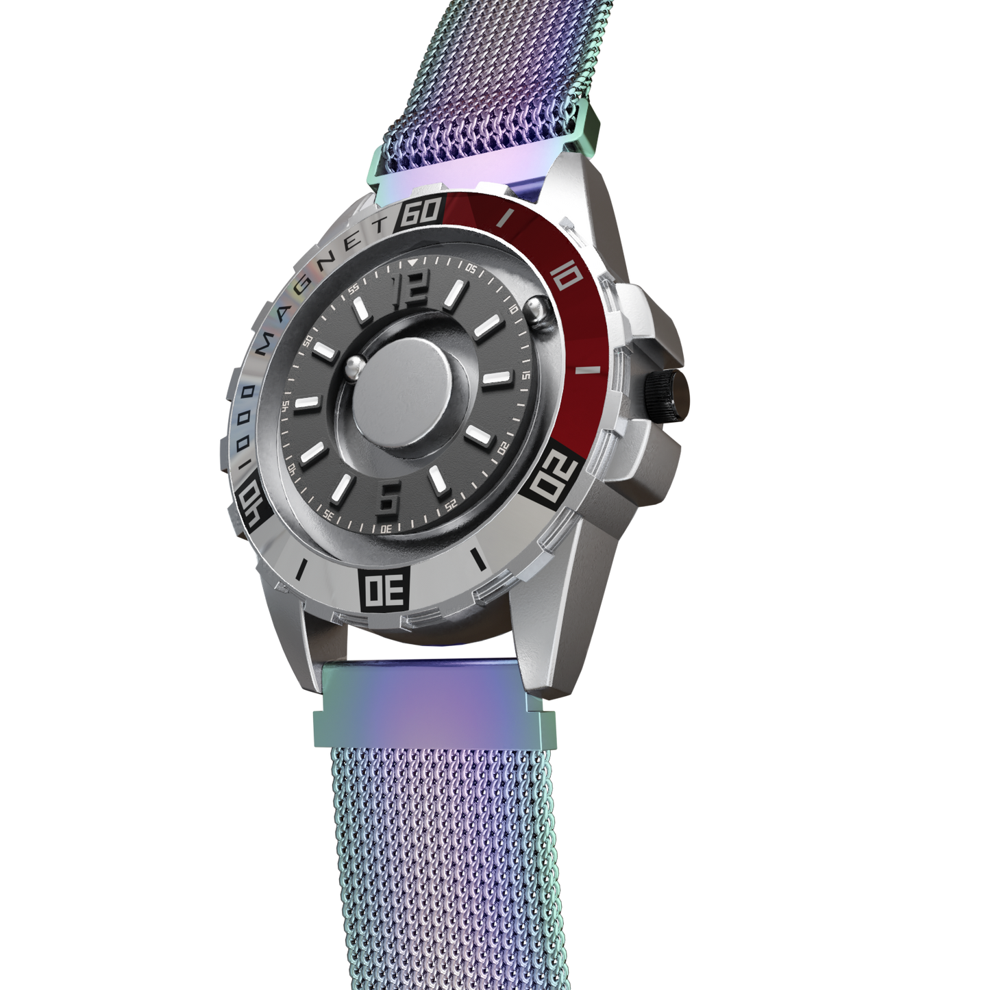 Magneto-Watch-Uranus-Red-Maschenarmband-Flip-Flop-Side
