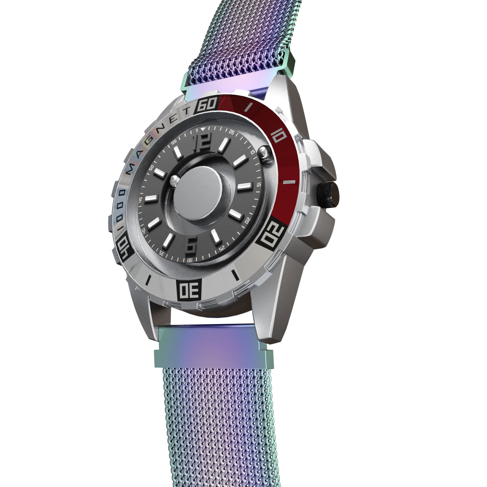 Magneto-Watch-Uranus-Red-Maschenarmband-Flip-Flop-Side