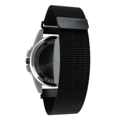 Magneto-Watch-Uranus-Red-Maschenarmband-Schwarz-Back