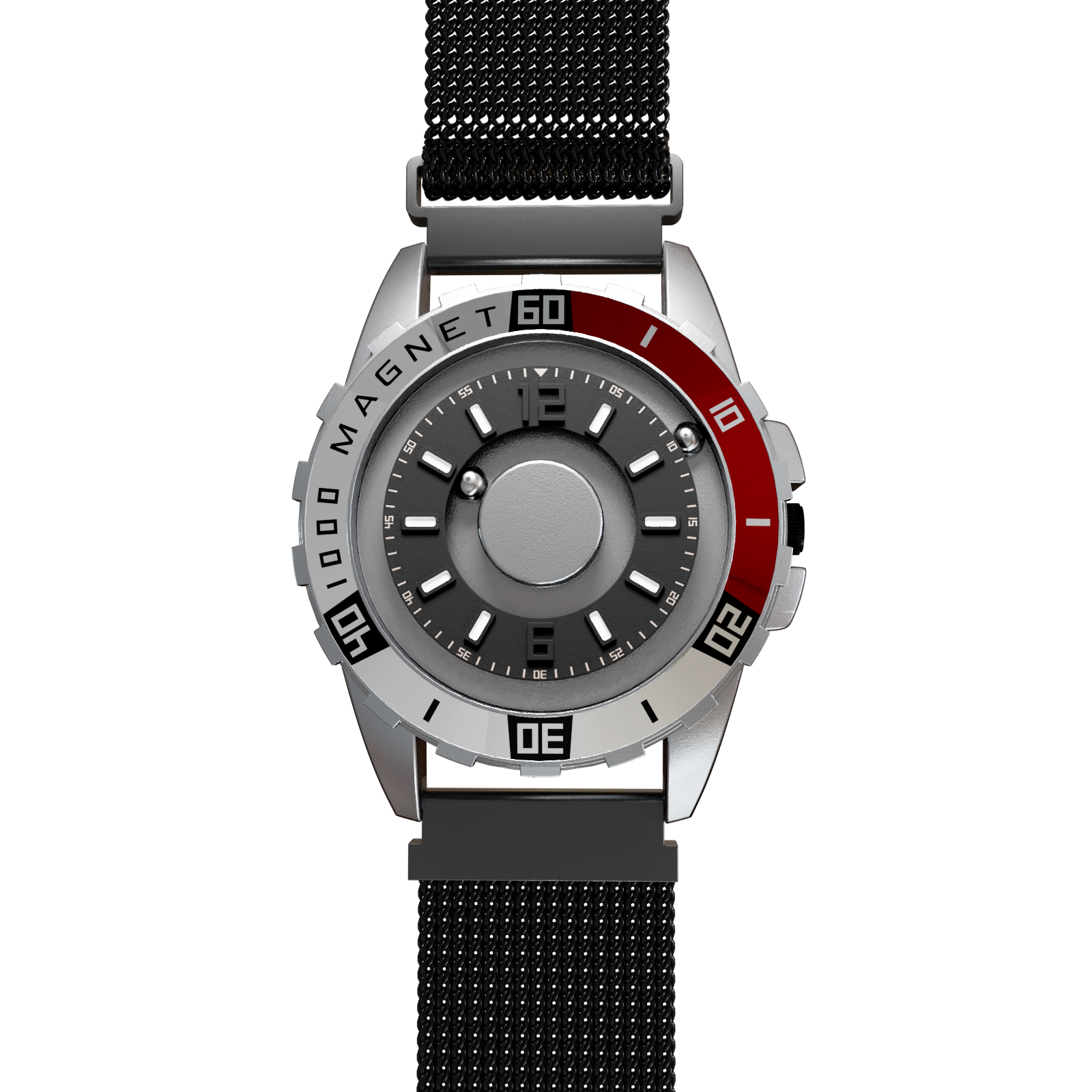 Magneto-Watch-Uranus-Red-Maschenarmband-Schwarz-Front