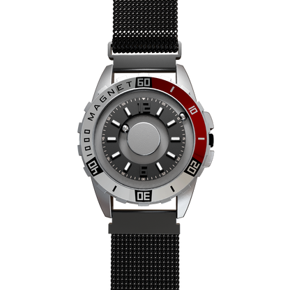 Magneto-Watch-Uranus-Red-Maschenarmband-Schwarz-Front