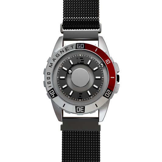 Magneto-Watch-Uranus-Red-Maschenarmband-Schwarz-Front