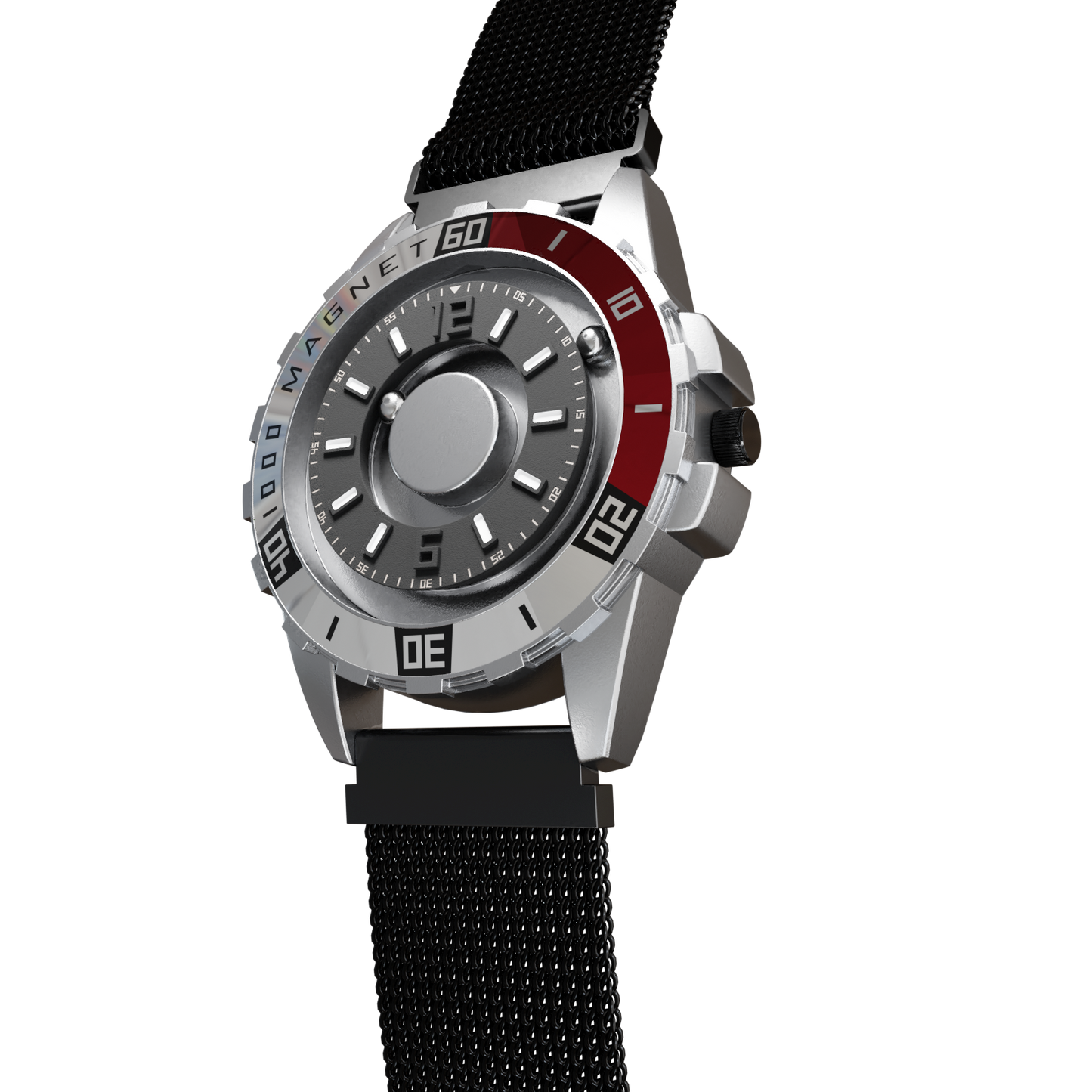 Magneto-Watch-Uranus-Red-Maschenarmband-Schwarz-Side