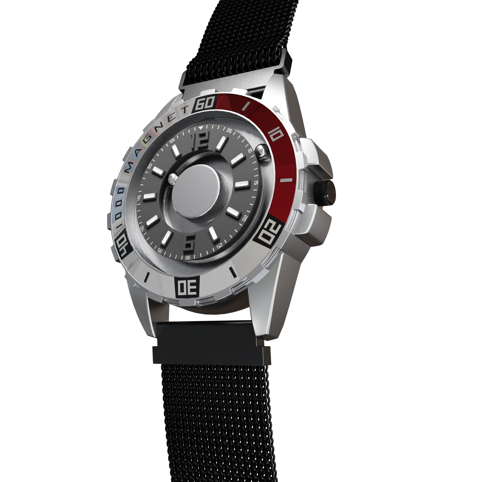 Magneto-Watch-Uranus-Red-Maschenarmband-Schwarz-Side