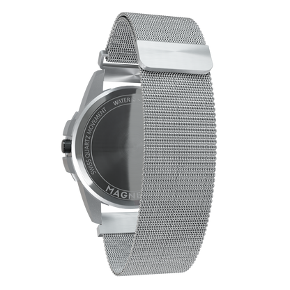 Magneto-Watch-Uranus-Red-Maschenarmband-Silber-Back