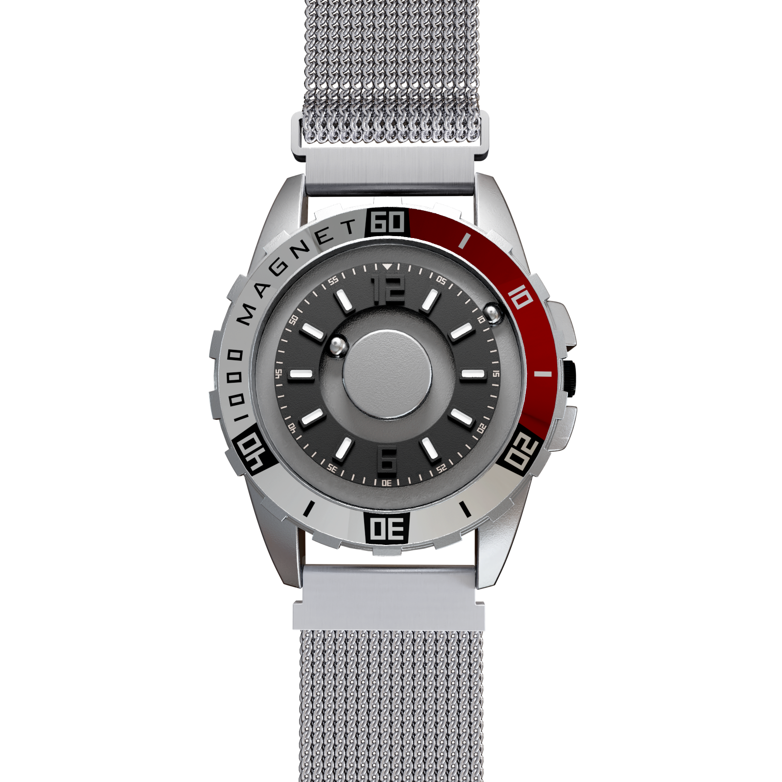    Magneto-Watch-Uranus-Red-Maschenarmband-Silber-Front
