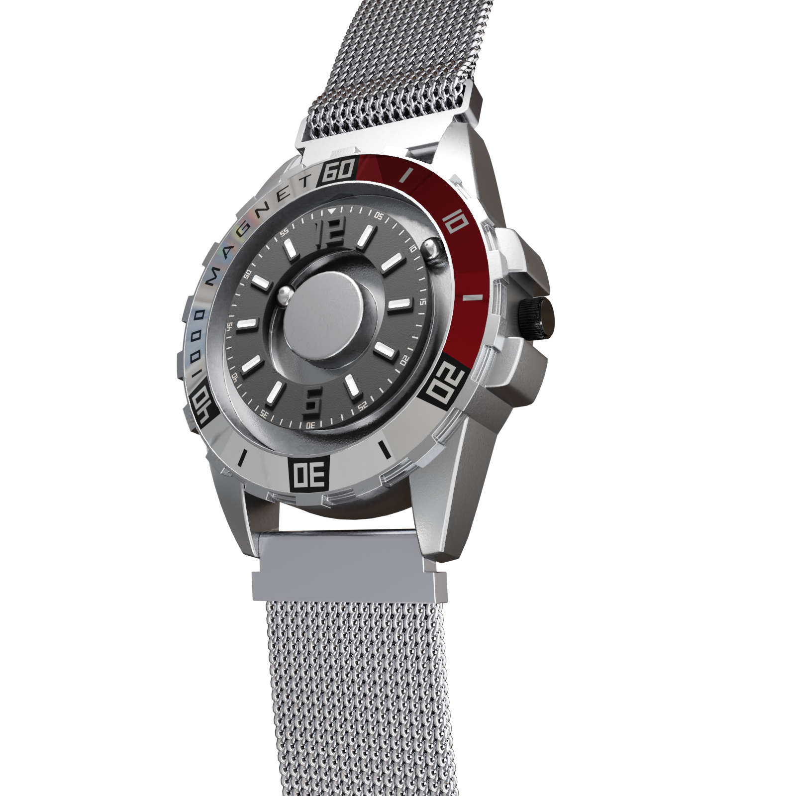 Magneto-Watch-Uranus-Red-Maschenarmband-Silber-Side