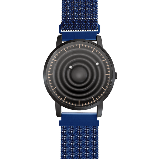    Magneto-Watch-Wave-Black-Maschenarmband-Blau-Front