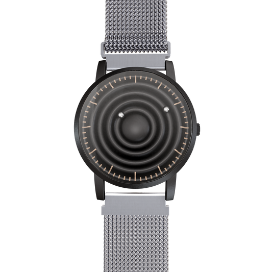     Magneto-Watch-Wave-Black-Maschenarmband-Silber-Front